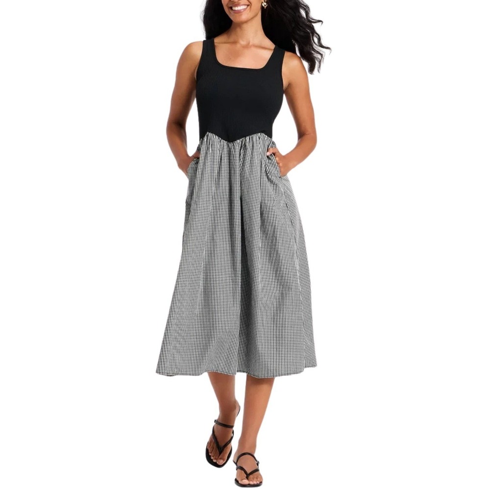 A New Day Gingham Square Neck Ribbed Mixed Media Maxi Dress